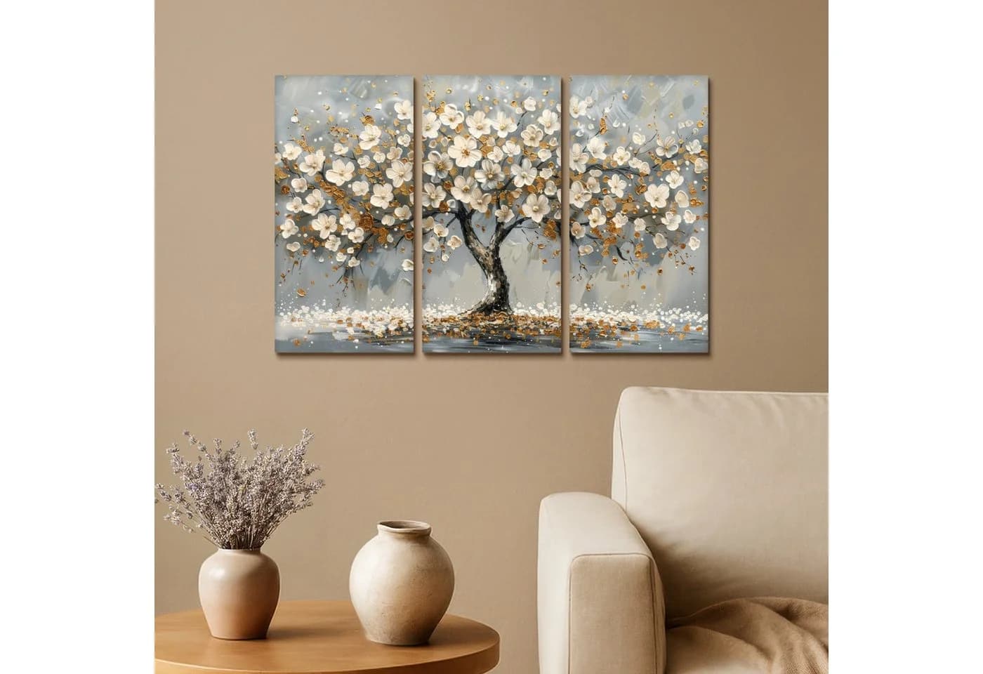 MuchoWow Leinwandbild Set Abstrakter Baum Weiß Gold 3-teilig