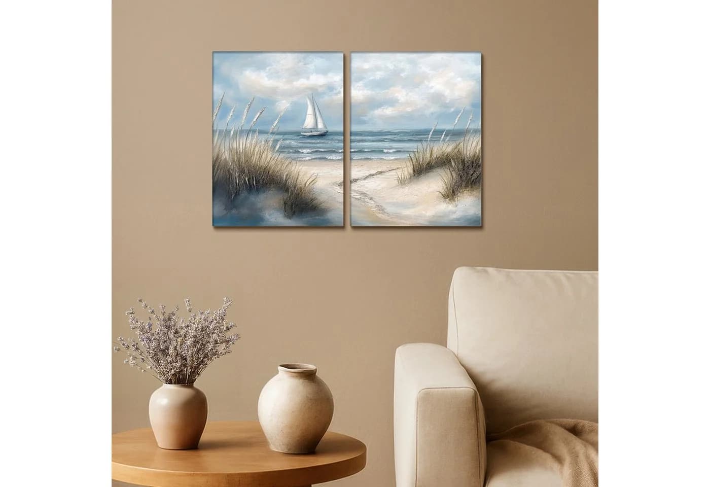 MuchoWow Leinwandbild Strand Set 2x 60x40 cm Maritim Segelboot