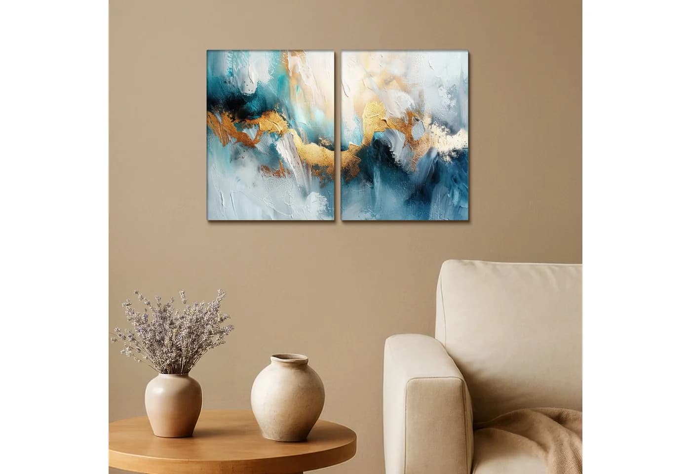 MuchoWow Leinwandbild Abstrakt Blau/Weiß/Gold 60x40 cm (2er Set)