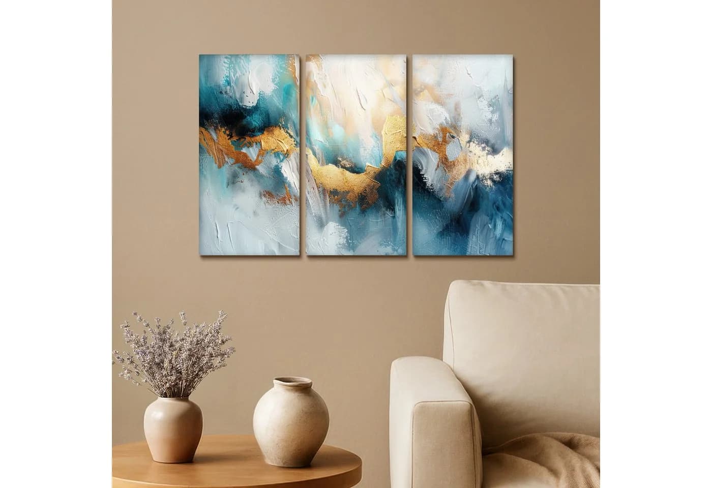 MuchoWow Leinwandbild 3er Set Blau Weiß Gold Abstrakt