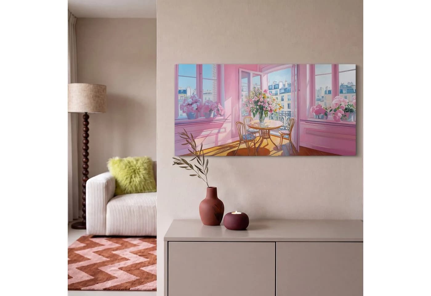 OneMillionCanvasses® Leinwandbild Panorama Rosa Blumen Pariser Fassade