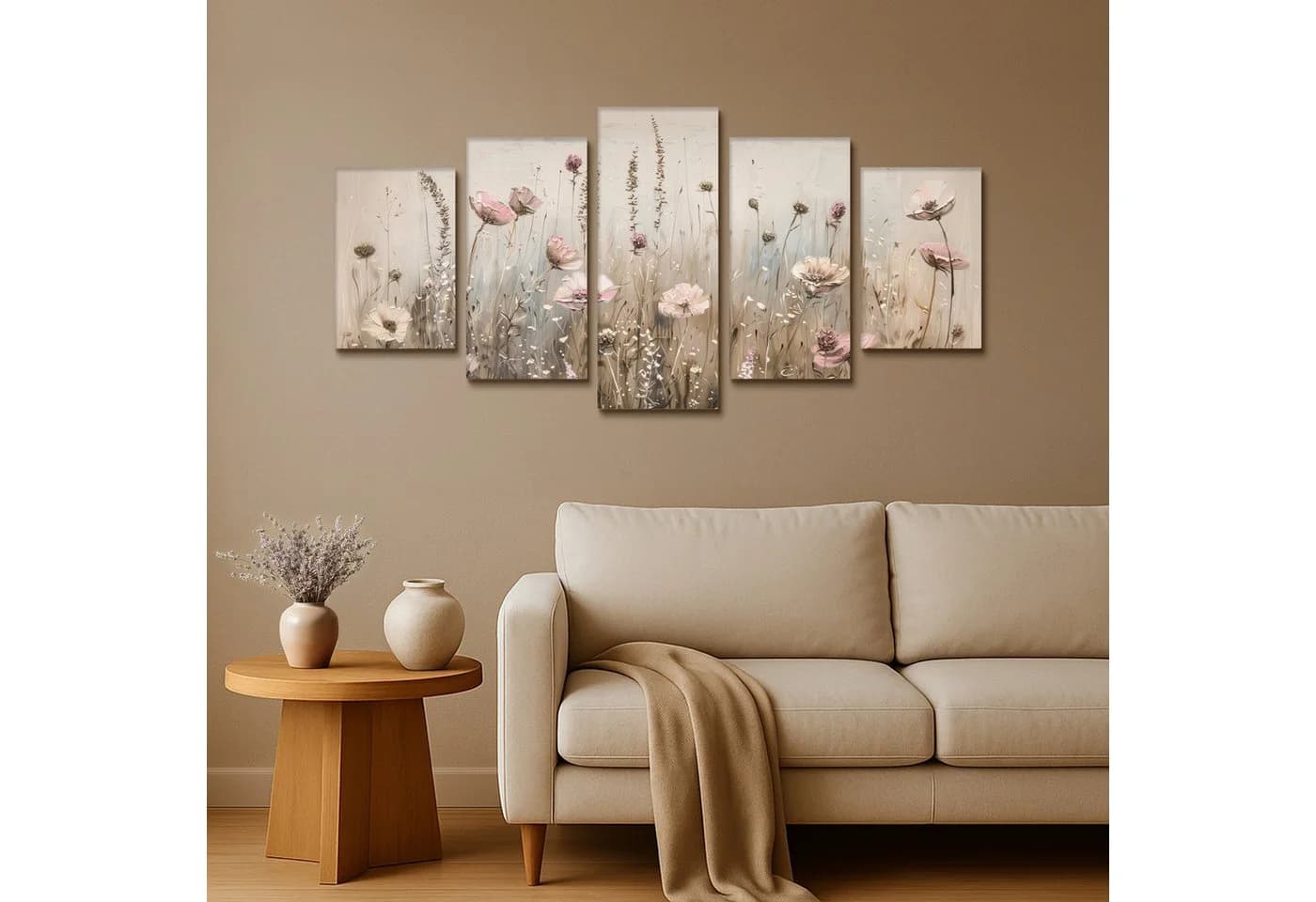 MuchoWow Leinwandbild Blumen Rosa Beige Modern 5-Teilig