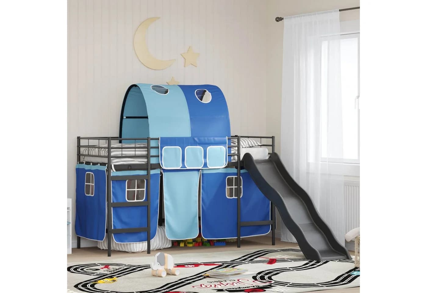 vidaXL Kinder-Etagenbett Schwarz Blau Metall mit Rutsche