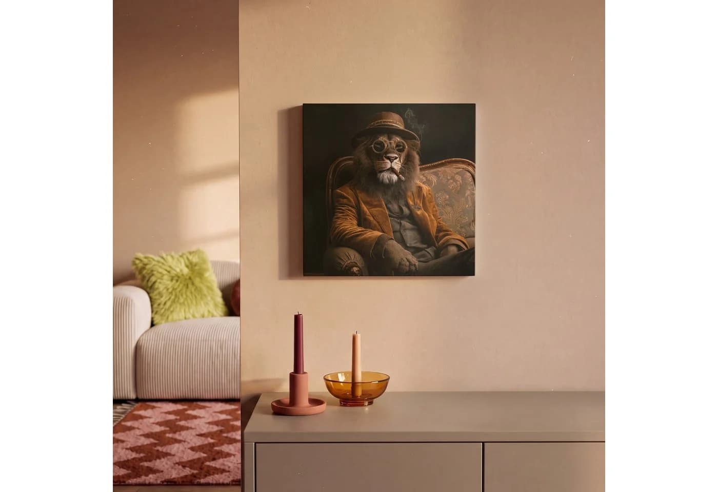 OneMillionCanvasses® Leinwandbild Löwe Brille Bank Hut Fotodruck Wandbild Deko