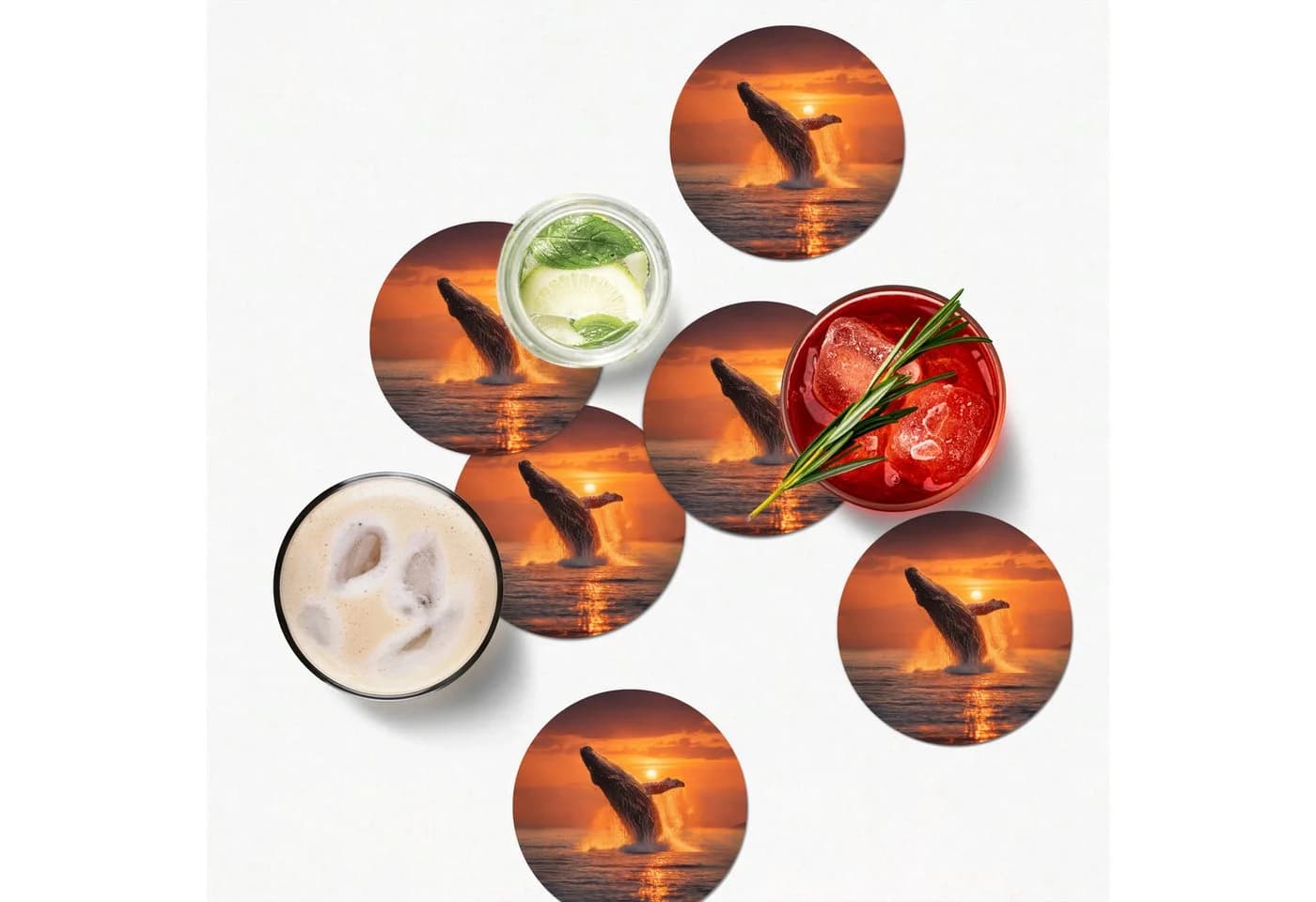 MuchoWow Glasuntersetzer Wal-Sonne-Meer 6-tlg. Rund 10cm