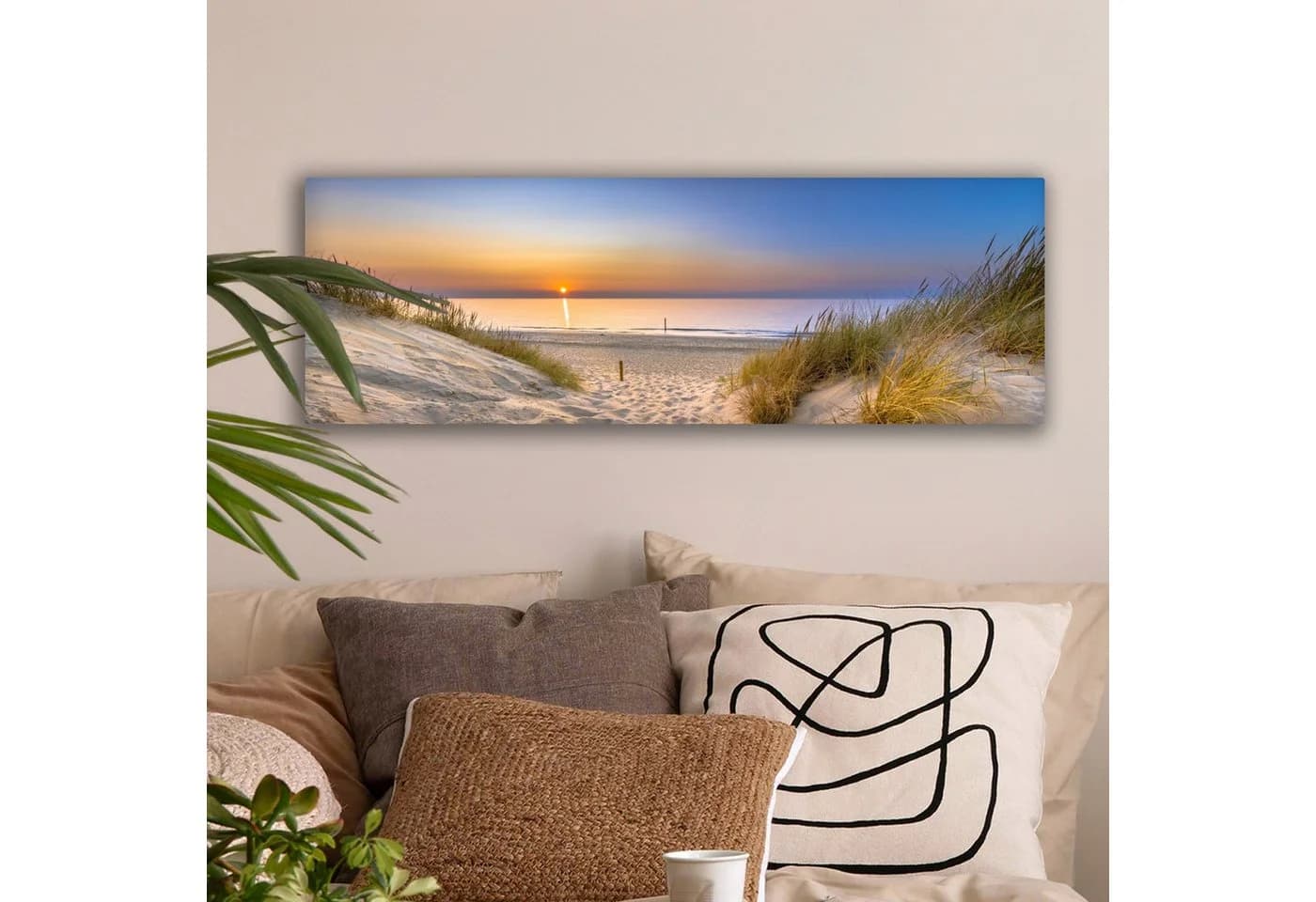OneMillionCanvasses® Leinwandbild Panorama Düne - Sonnenuntergang - Horizont - Strand - Gras