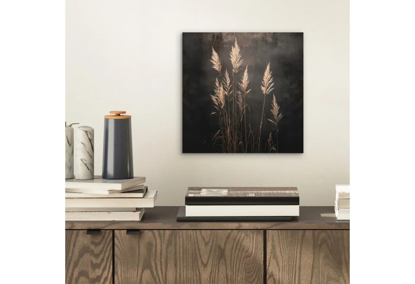 MuchoWow Metallbild Ziergras Federn Beleuchtung Schwarz 20x20 cm