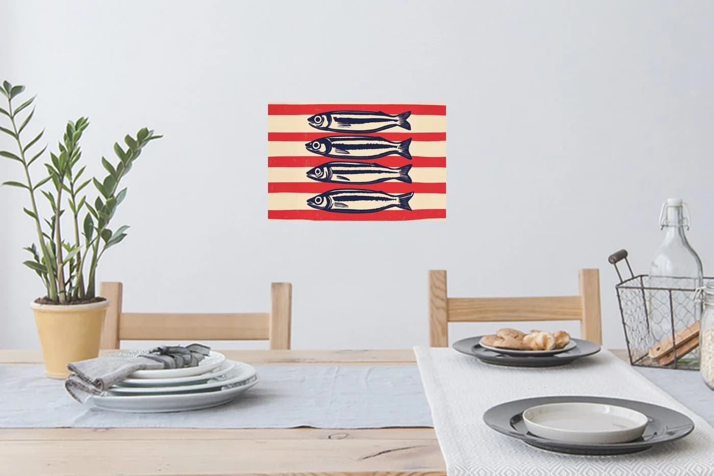 MuchoWow Wandsticker Sardinen Rot Beige Schwarz Selbstklebend