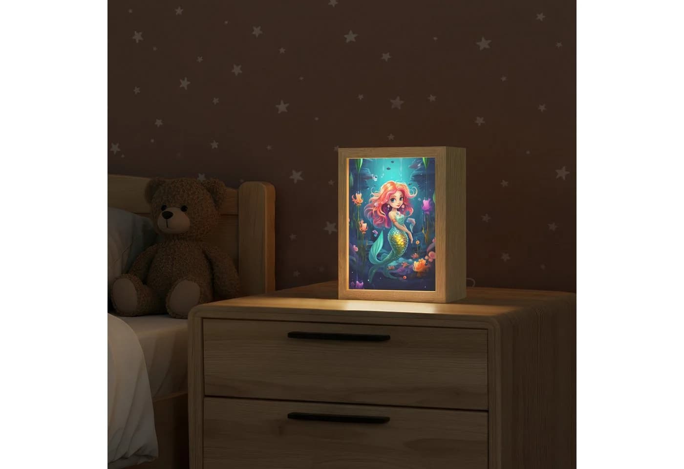 OnlyWow Nachttischlampe Lightbox Meerjungfrau Kinderzimmer LED Dimmbar