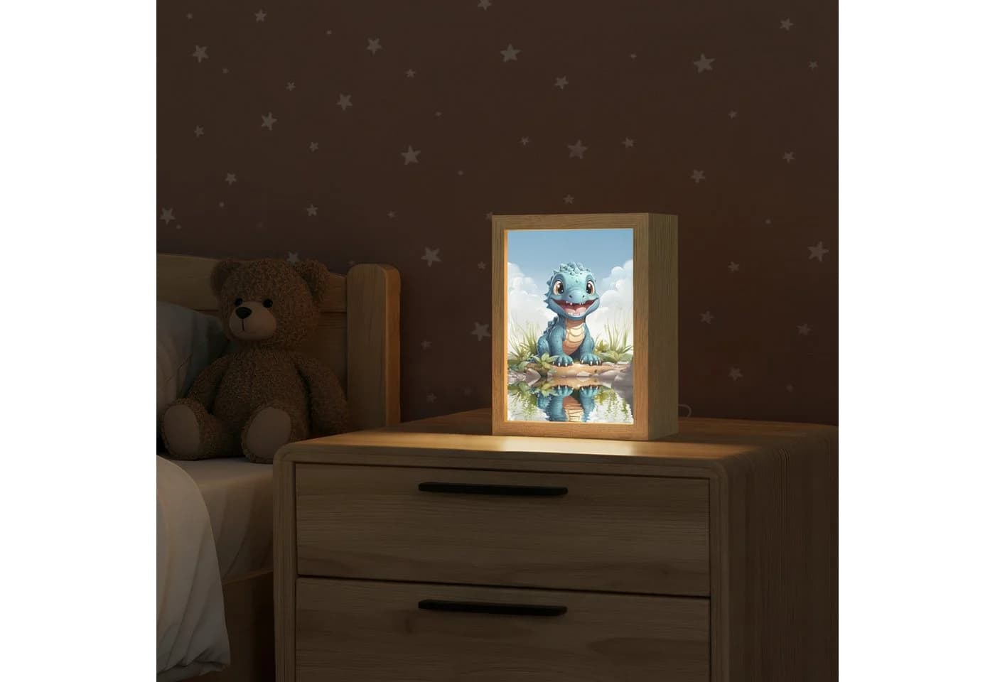 OnlyWow Nachttischlampe Lightbox Drache Blau Dimmbar LED