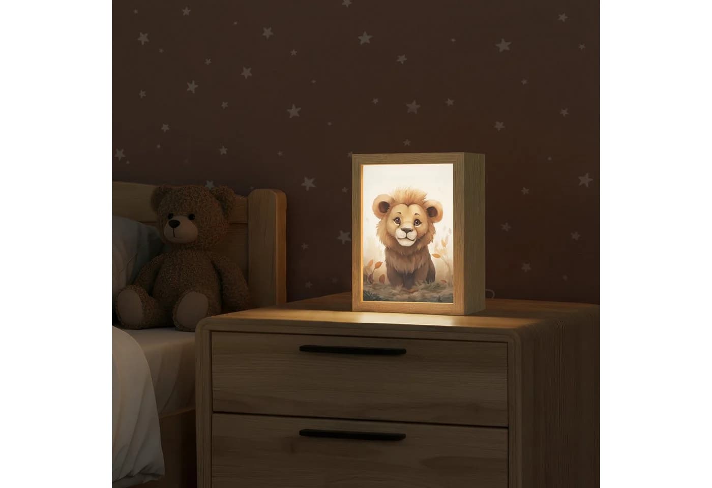 OnlyWow Nachttischlampe Lightbox Löwe Dimmbar LED Holzrahmen