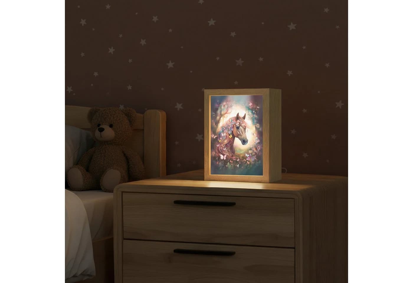 OnlyWow Nachttischlampe Lightbox Pferd Natur Blumen Schmetterlinge Wald