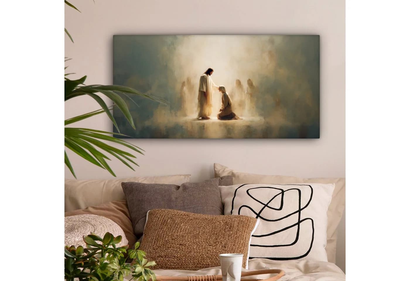 OneMillionCanvasses® Leinwandbild Jesus Kniend Beige Panorama 100x50 cm