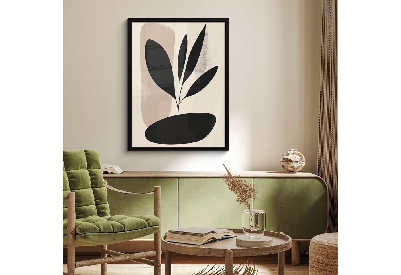 MuchoWow Poster Pflanze Beige Japanisch mit Schwarzem Rahmen