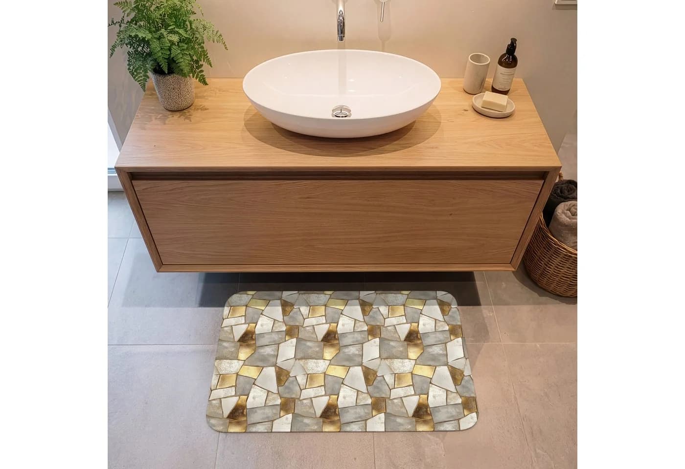 OnlyWow Badematte Mosaik Marmor Gold Rutschfest Polyester
