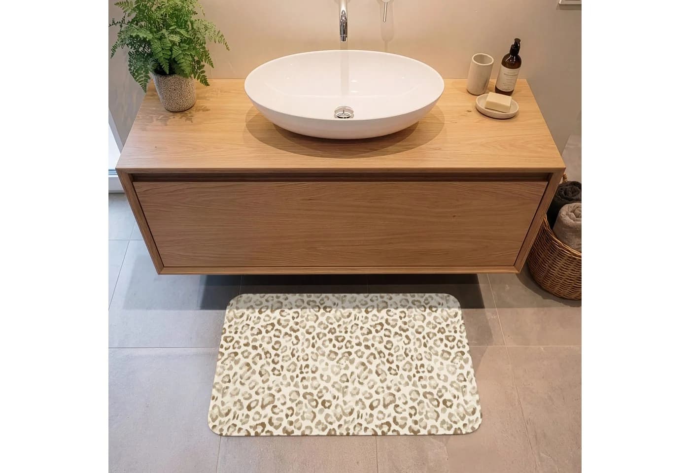 OnlyWow Badematte Leopard Klassisch Beige Rutschfest Polyester