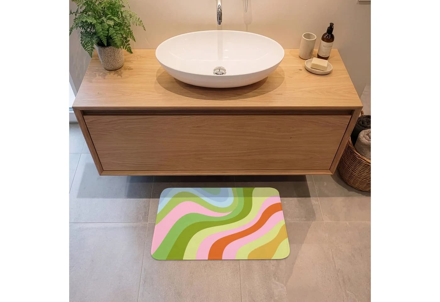OnlyWow Badematte Linien Pastelltöne Rutschfest Polyester