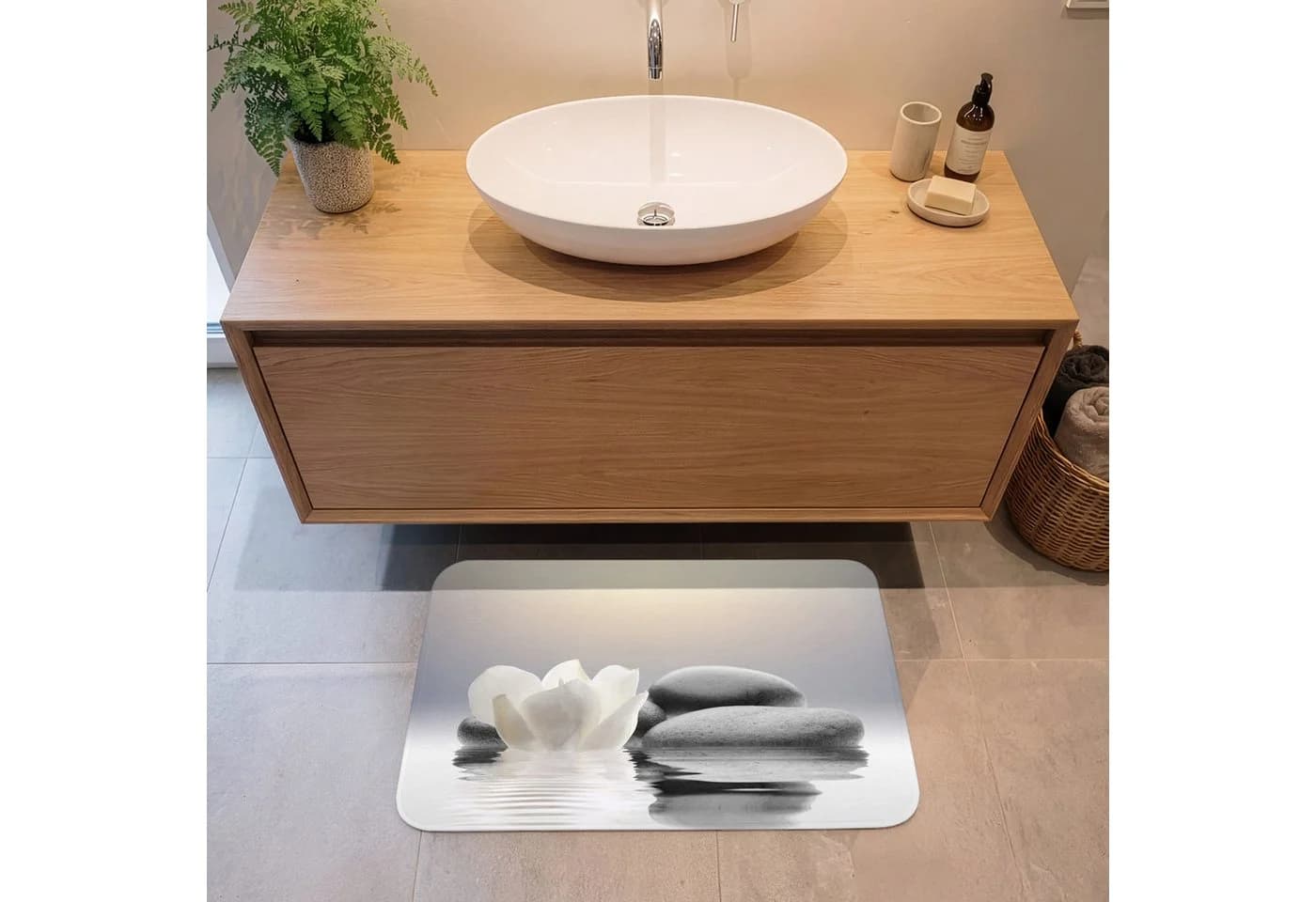 OnlyWow Badematte Steine Lotus Weiß Rutschfest Memory-Foam