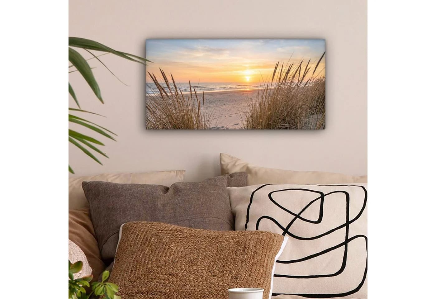 OneMillionCanvasses Leinwandbild Panorama Sonnenuntergang Dünen Meer 40x20 cm