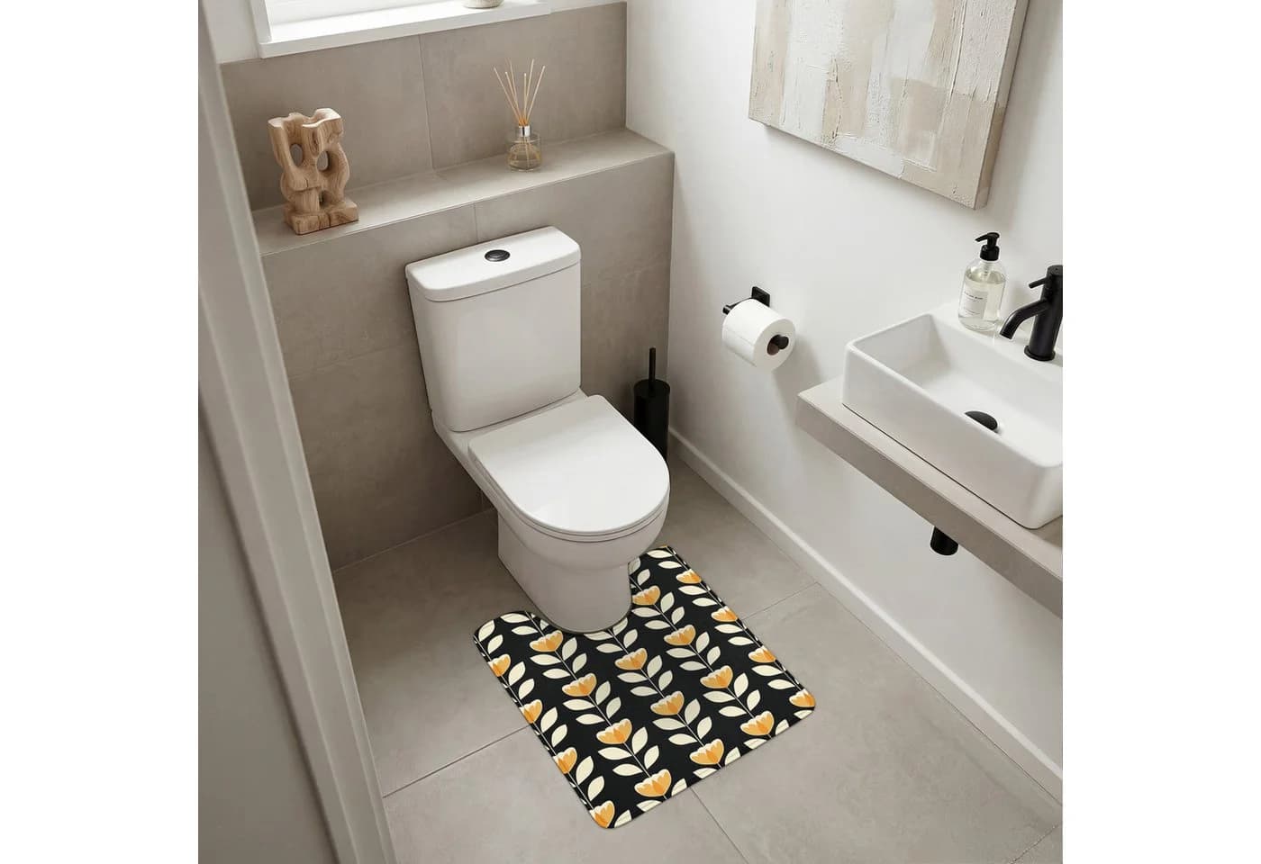 OnlyWow WC-Vorleger Retro Blumen Schwarz Ockergelb U-Form