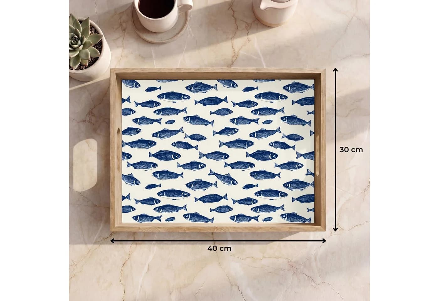 OnlyWow Tablett Rechteckig mit Henkel Fisch Muster Blau Weiß Eichenholz
