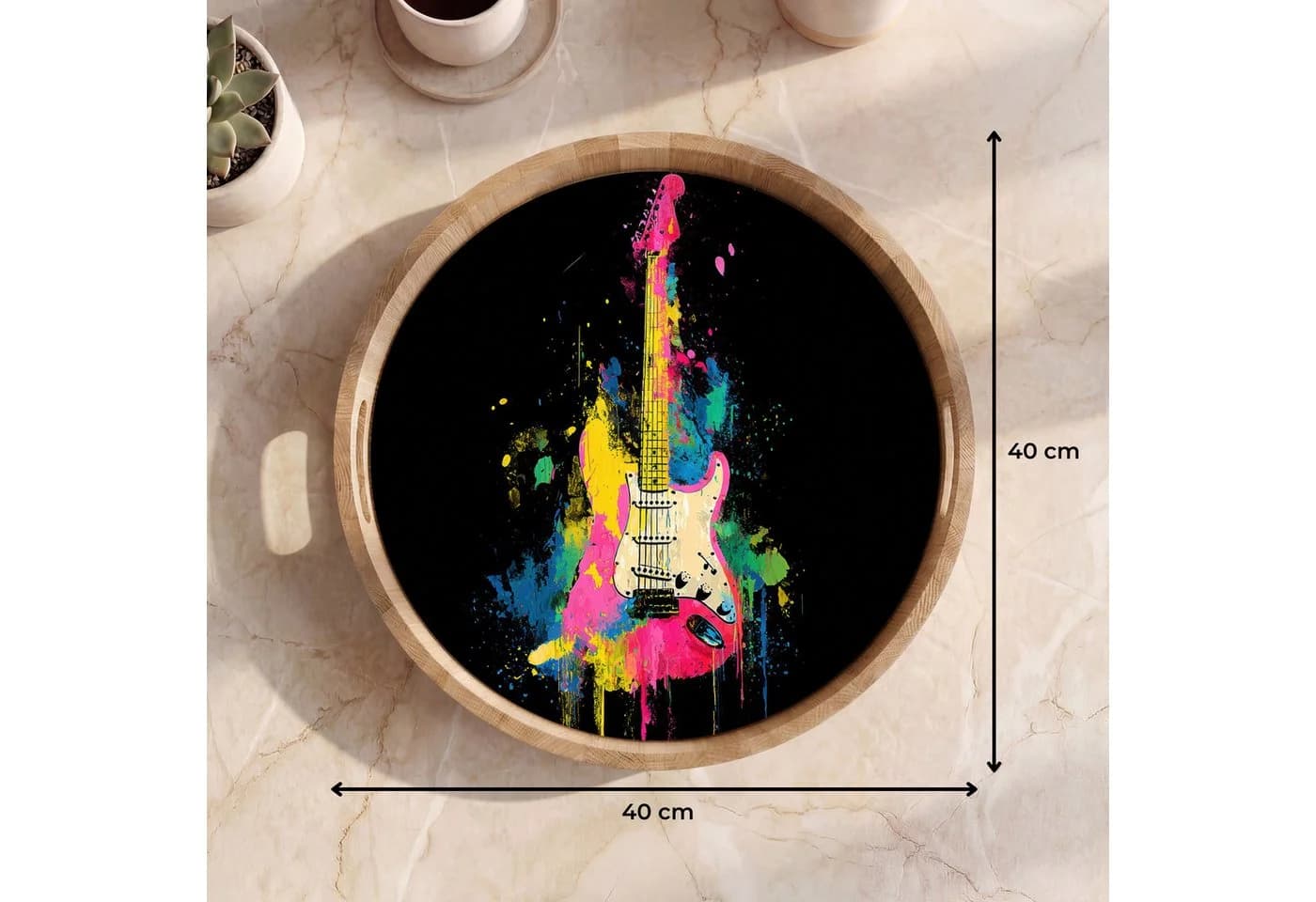 OnlyWow Tablett Rund mit Henkel Gitarre - Bunt - Eichenholz