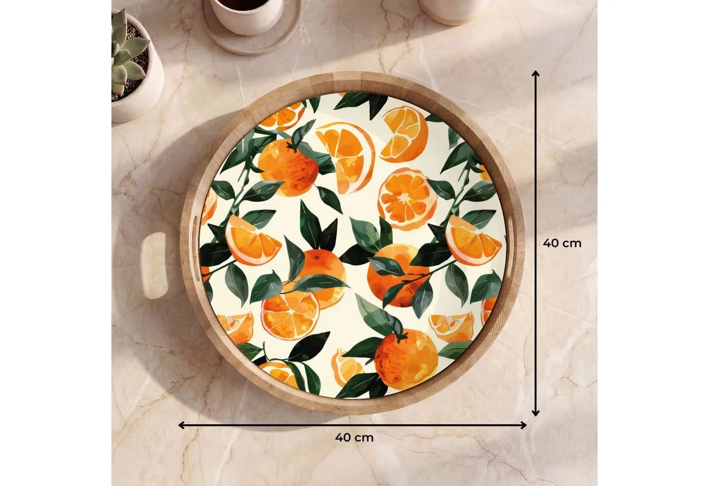 OnlyWow Tablett Rund mit Henkel Eichenholz Beige Orange