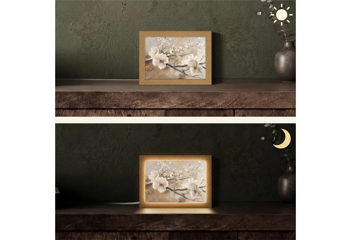 OnlyWow Tischleuchte Blumen Dimmbar LED Farbwechsel Holzrahmen Beige/Braun