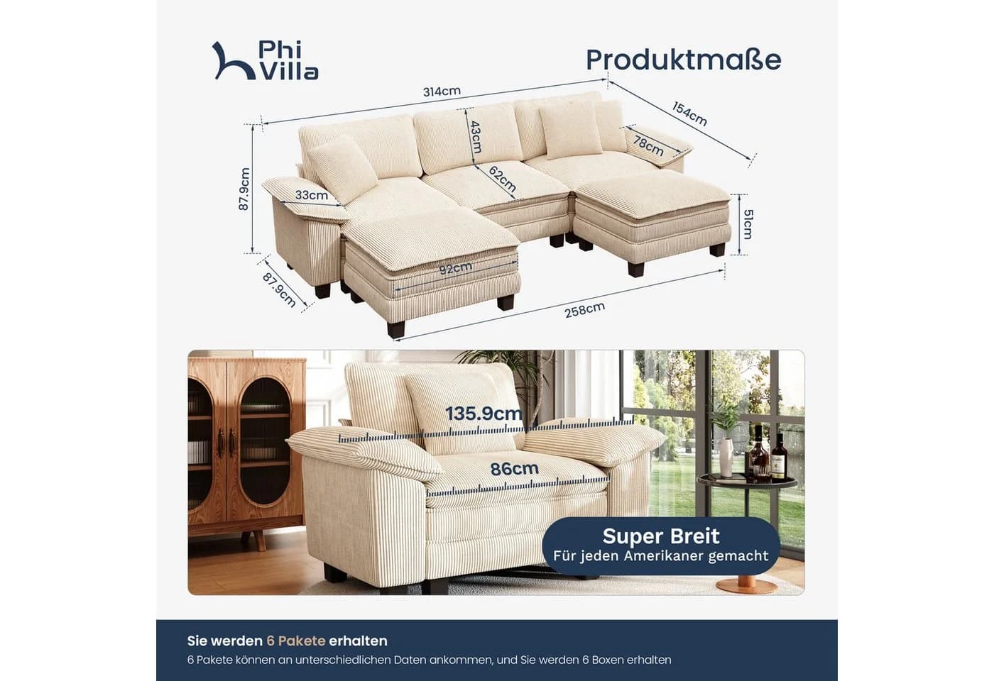 PHI VILLA Ecksofa L-Form 4-6-Sitzer Cord Weiß mit Ottomanen