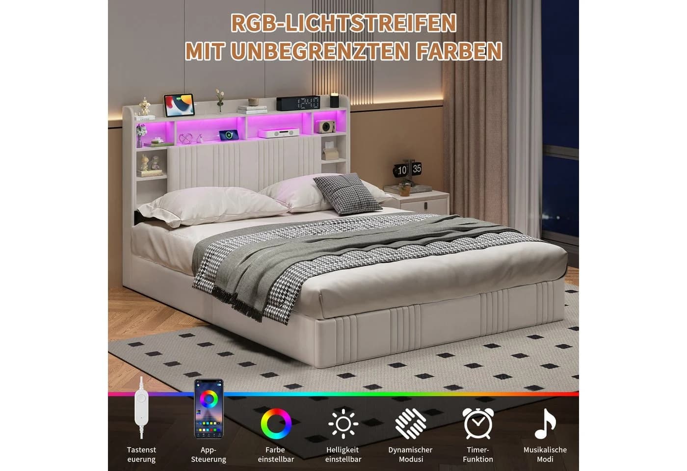 ADWOLT Polsterbett mit Stauraum, LED & USB Beige