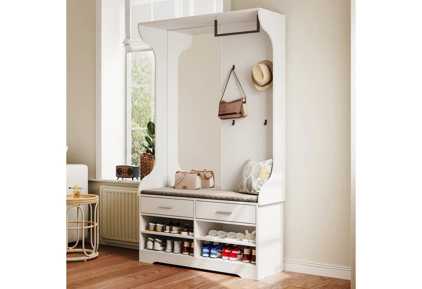 Simurq Flurgarderobe mit Spiegel, Schuhbank und Schubladen Weiß