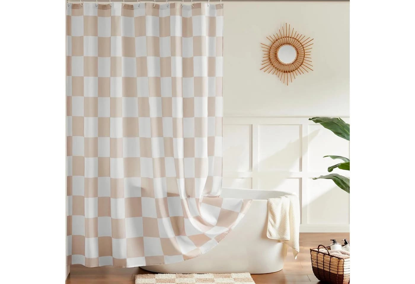 FOUORTUNATE-BEE Duschvorhang Retro Schachbrettmuster Polyester Beige