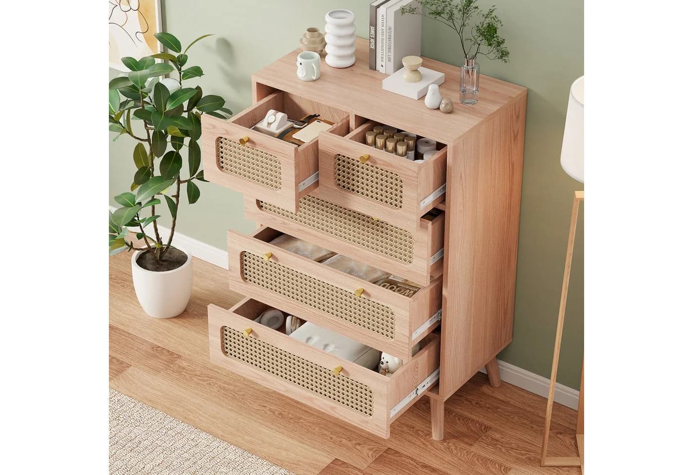Simurq Kommode mit Rattan 5/6 Schubladen Holzfarbe