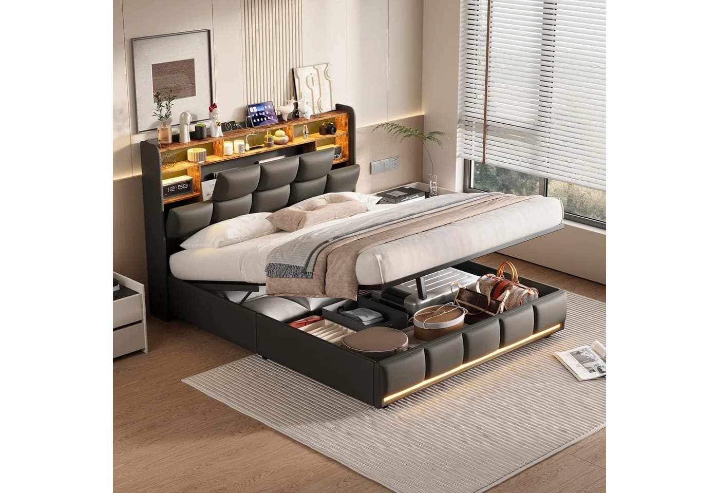 Simurq Stauraumbett Polsterbett 140x200 Schwarz mit LED & USB