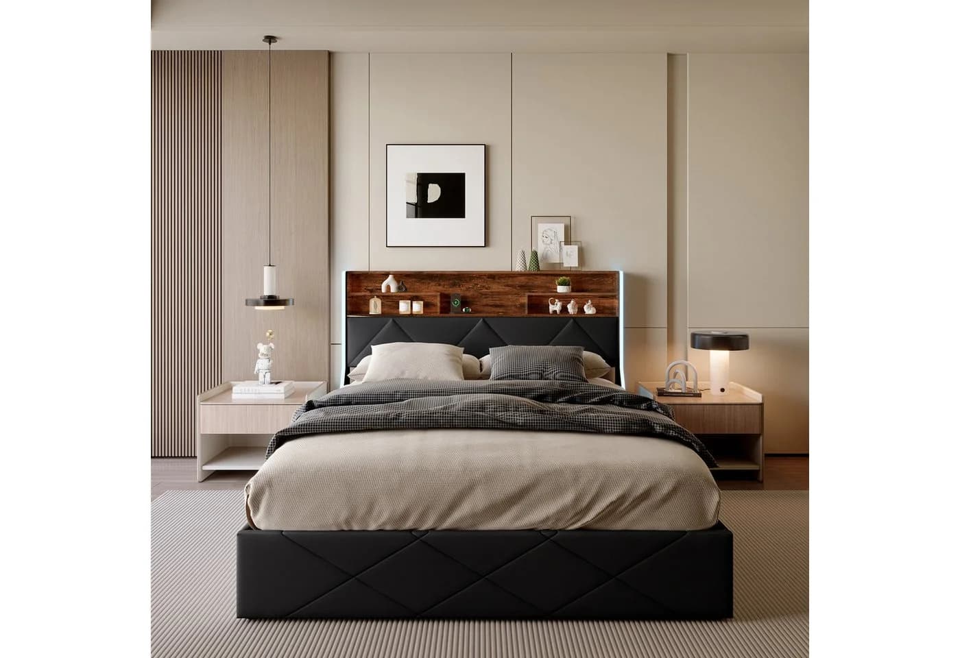 Simurq Stauraumbett 140x200 Schwarz PU mit LED & USB