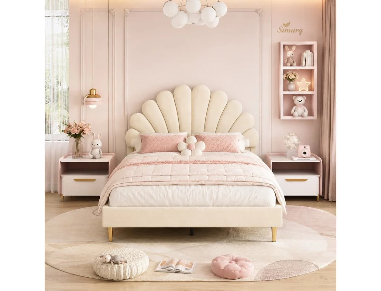 Simurq Polsterbett Beige Samt Blumenkopfteil