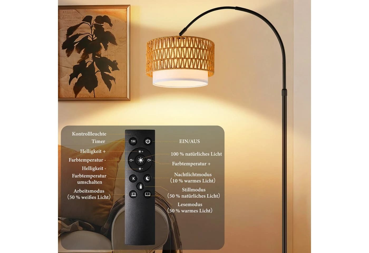 ZMH Stehlampe Boho Rattan Bogenlampe E27 LED dimmbar