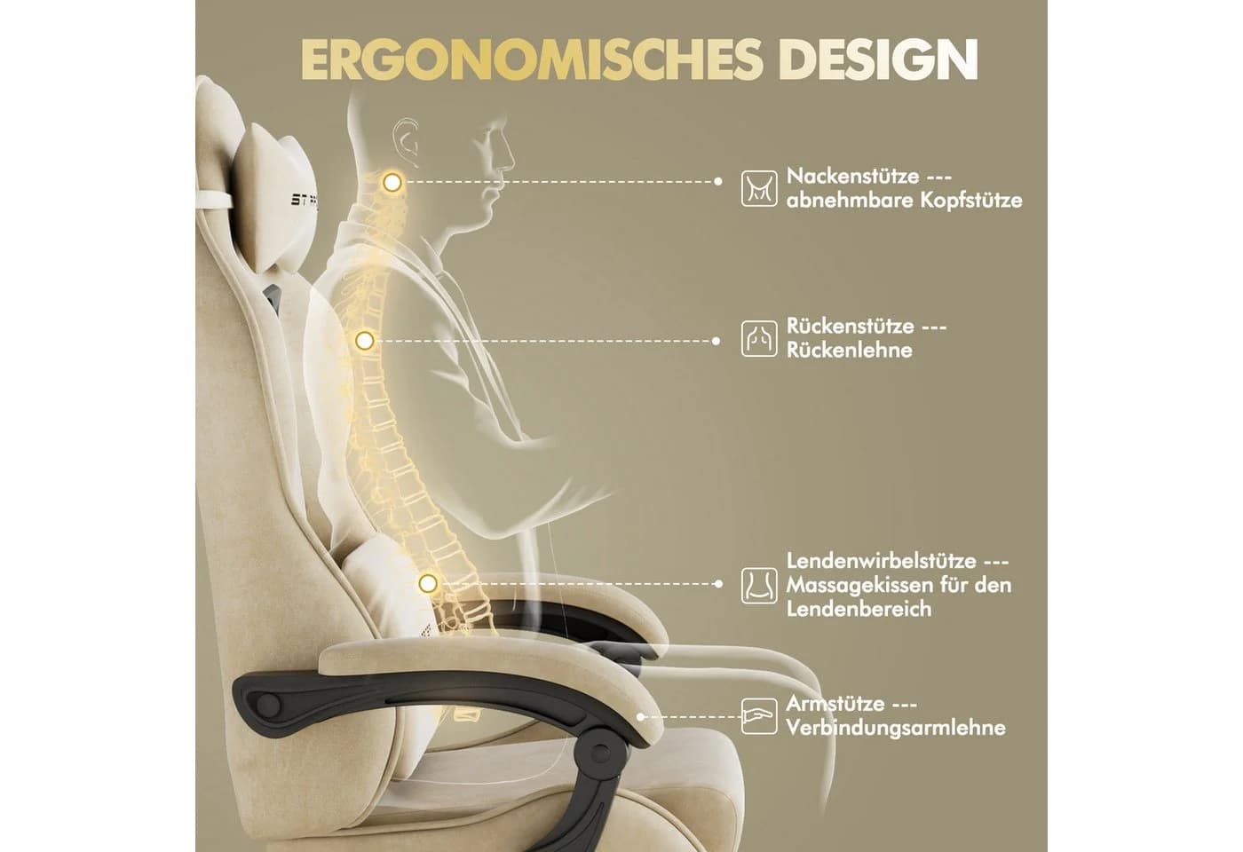 Ferghana Gaming-Stuhl Ergonomisch mit Samtstoff Kopfstütze Lendenkissen Armlehnen Fußstütze