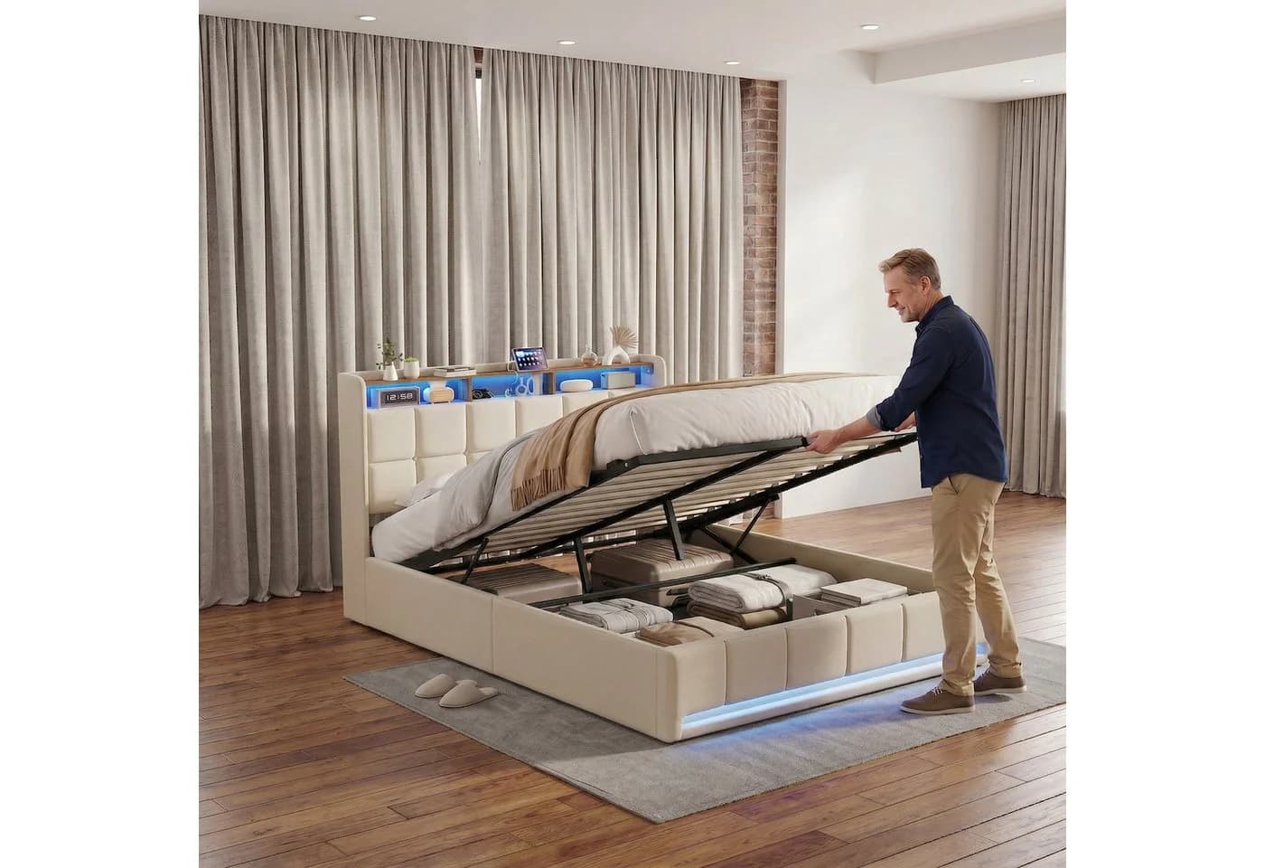 Furnishings Home LED Polsterbett mit Stauraum und Lattenrost Beige