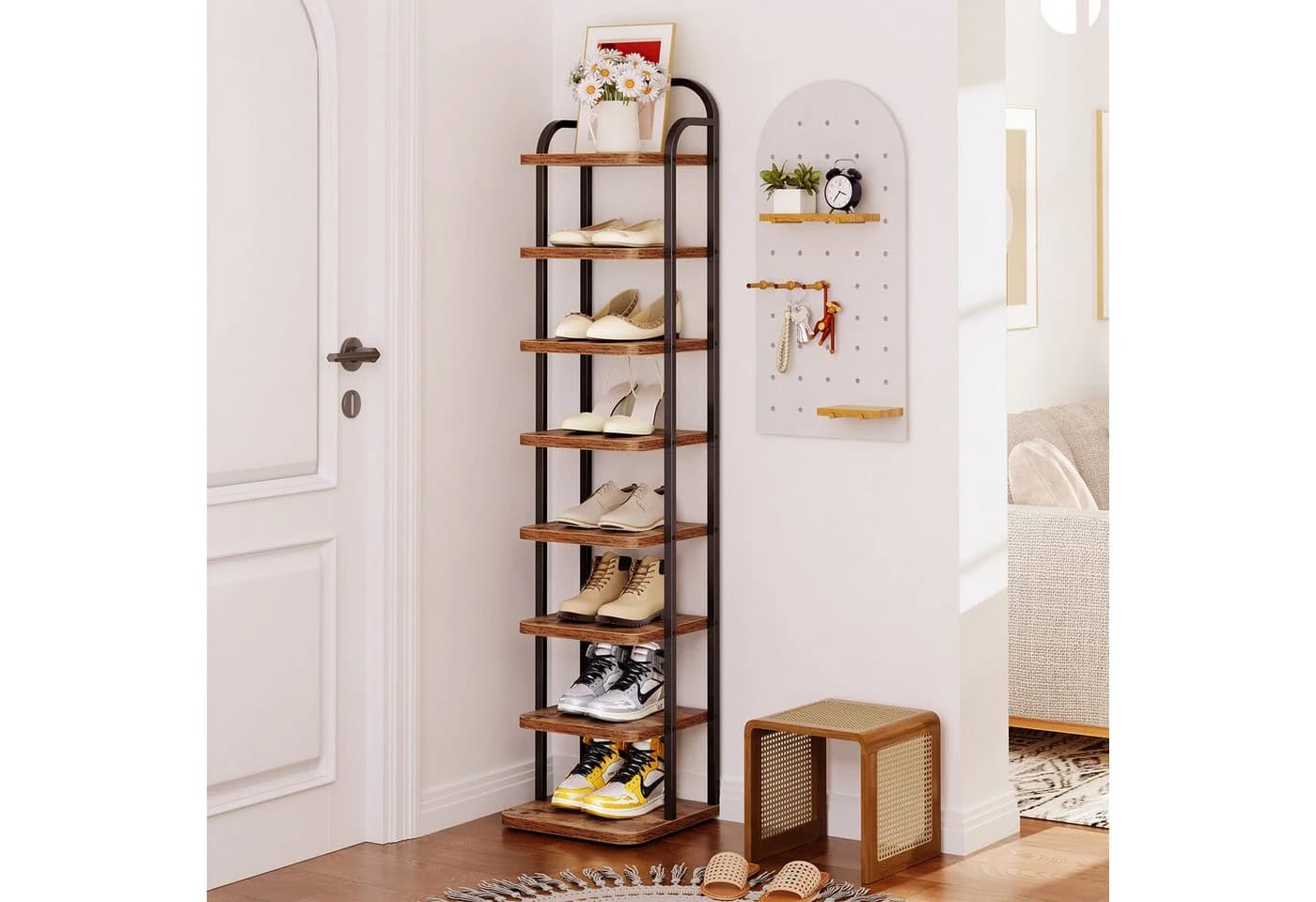 YOLEO Schuhregal 8 Ebenen Vintagebraun Schwarz Metall