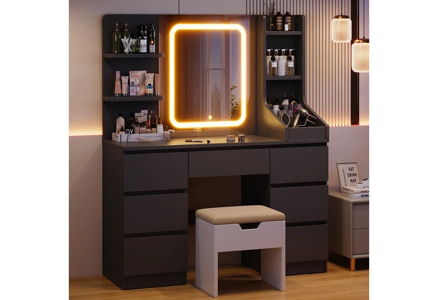 HOMALL Schminktisch LED-Beleuchtung 7 Schubladen 110x40x139cm