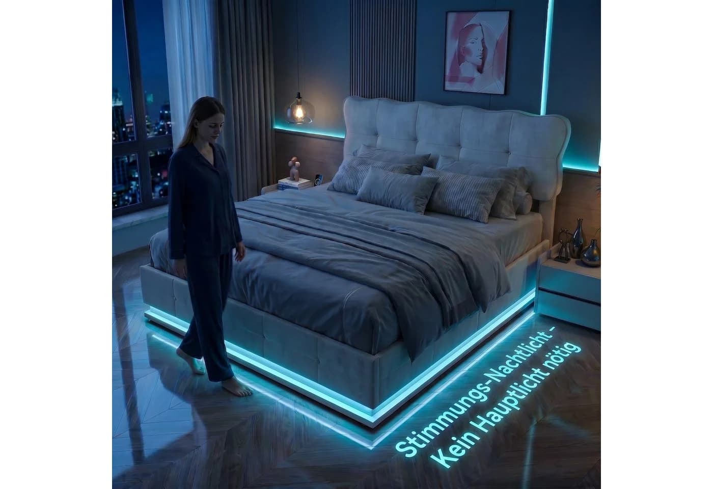 PXloue Polsterbett mit LED & Bettkasten Beige Samt