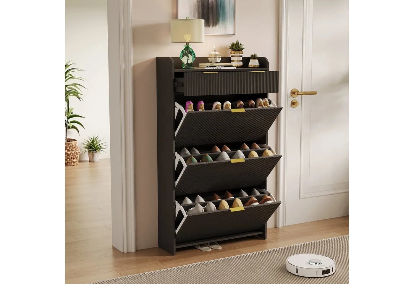 PXloue Schuhschrank mit 2 Schubladen und Klappen weiß