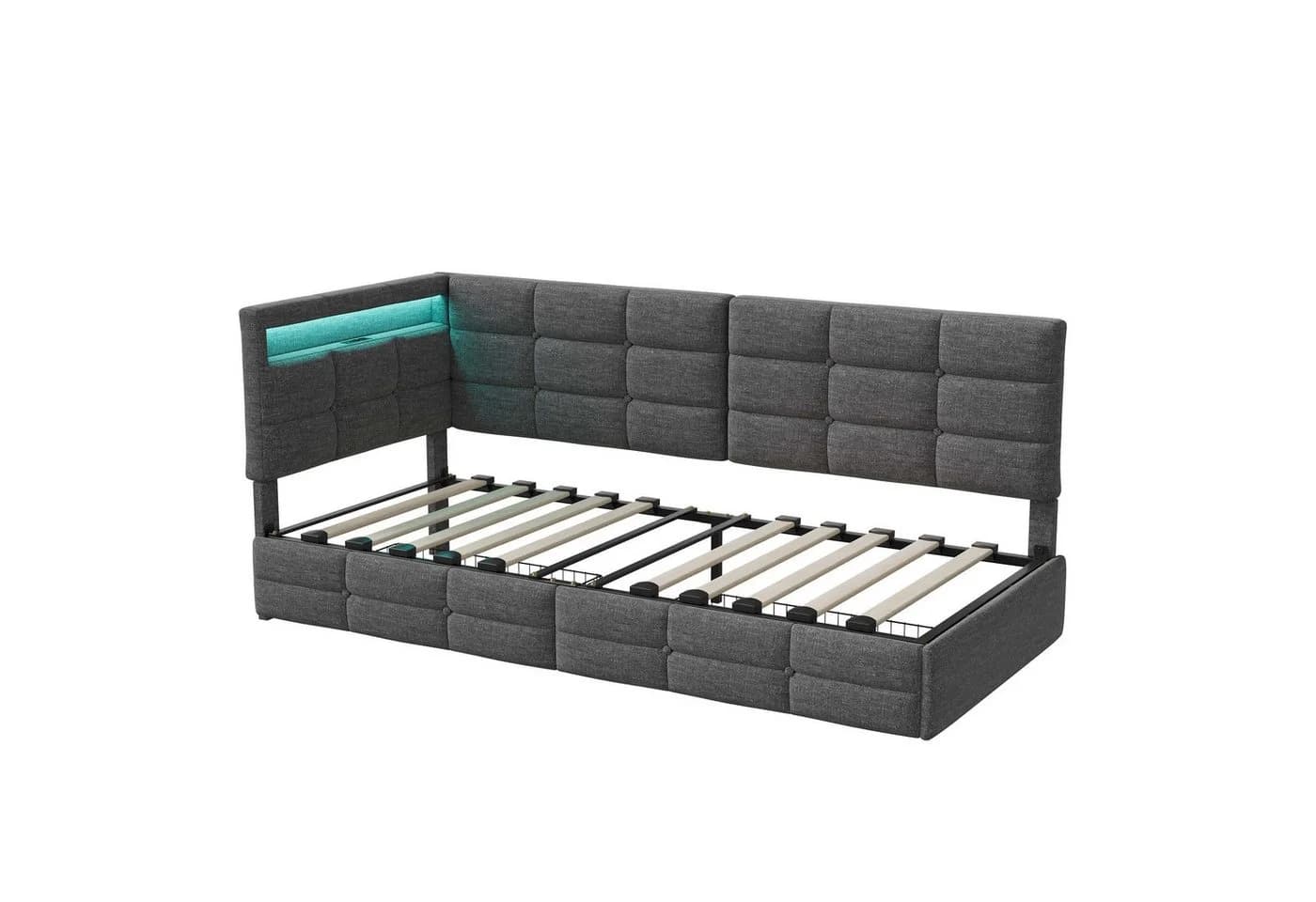 Furnishings Home LED Polsterbett 90x200 Grau mit Stauraum