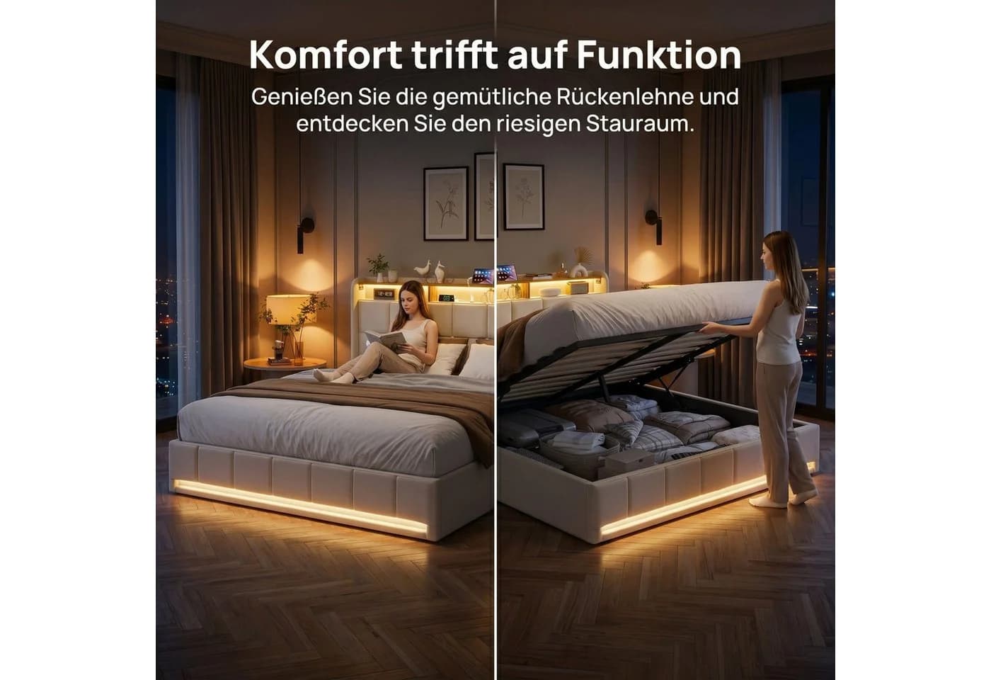 Gdood Polsterbett 160x200 cm mit LED, Stauraum & USB