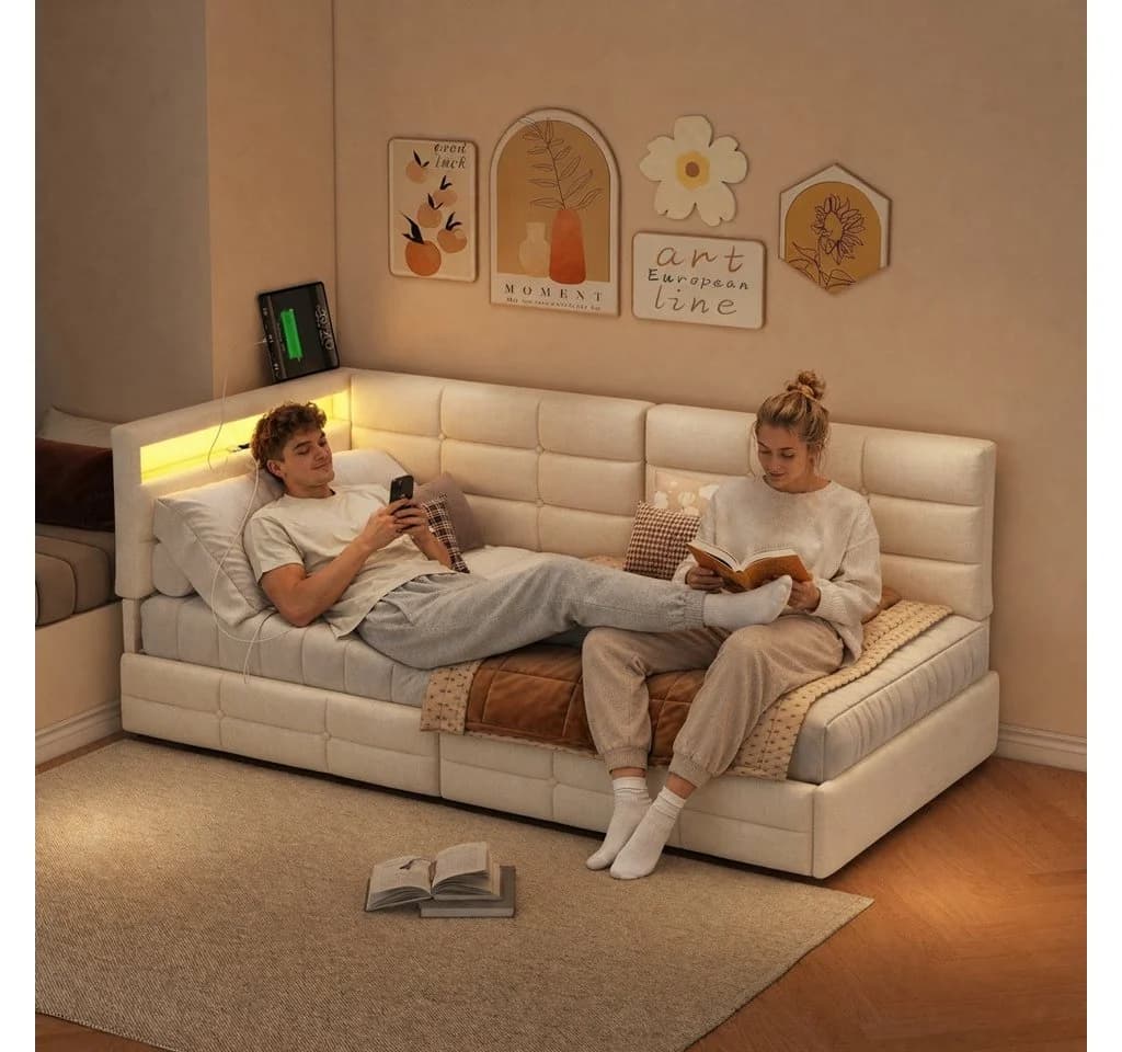 PXloue Polsterbett mit LED und USB-Anschluss Beige