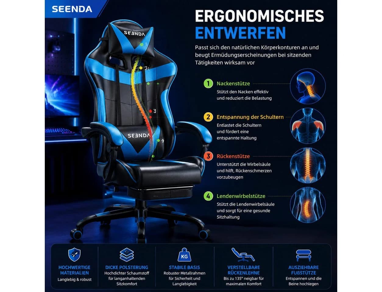 Seenda Gaming-Stuhl mit Fußstütze, ergonomisch, Kunstleder, blau/schwarz