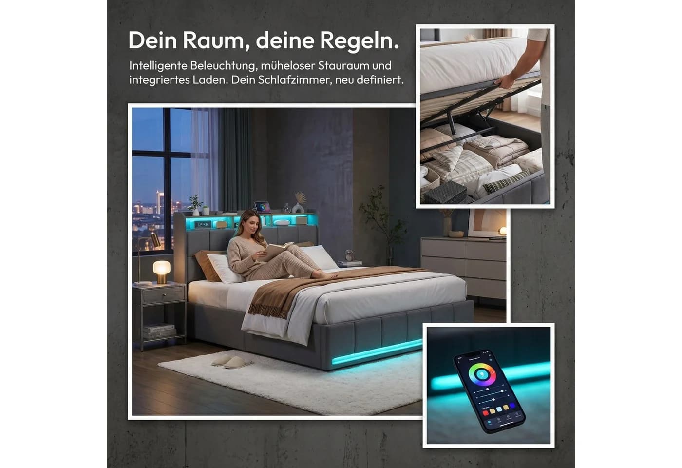 PXloue Polsterbett LED mit Stauraum und Ladeanschluss Grau