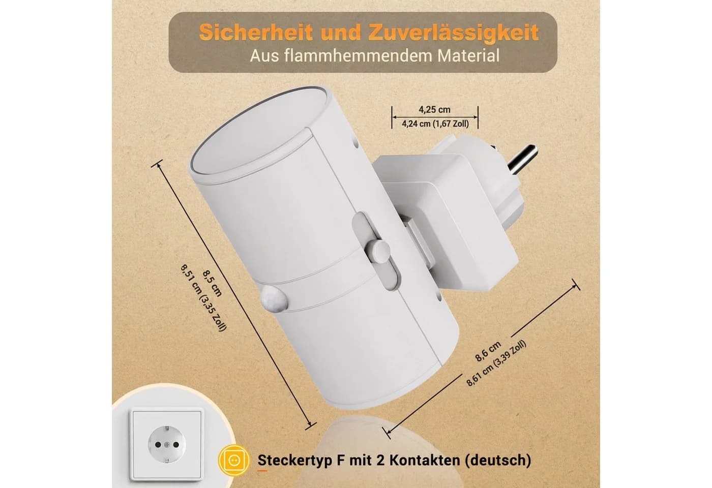 LOHAS-LED Nachtlicht Zylinder Steckdose mit Bewegungsmelder, Warmweiß, Dimmbar