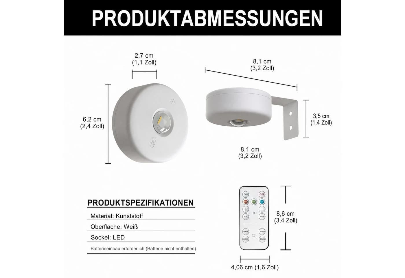 LOHAS-LED Wandleuchte 3er-Set batteriebetrieben mit Fernbedienung
